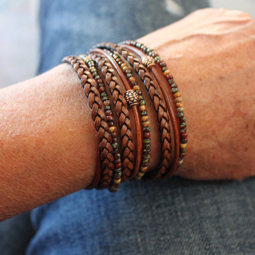 Boho Leather Wrap Bracelet: Miyuki Seed Beads, Magnetic Clasp
