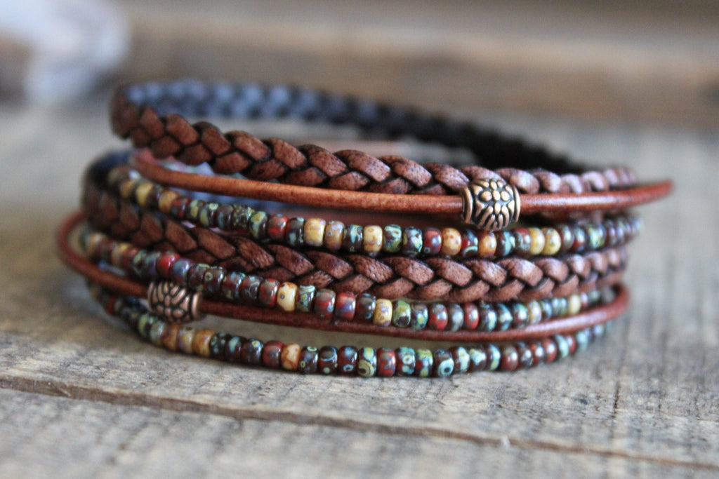 Boho Wrap Bracelet Braided Napa Leather Miyuki Beads