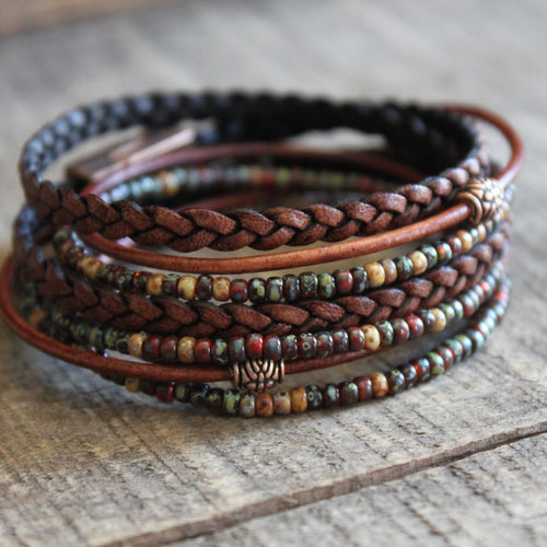 BohoWrapFrancesca Leather Wrap Bracelet Braided Napa Leather Miyuki Beads