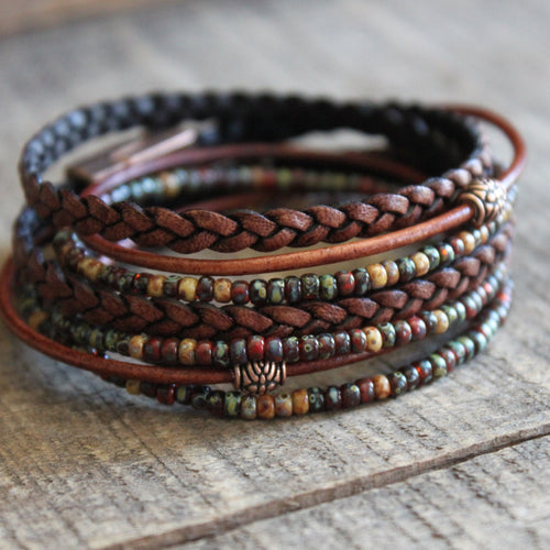 Boho Leather Wrap Bracelet: Miyuki Seed Beads, Magnetic Clasp