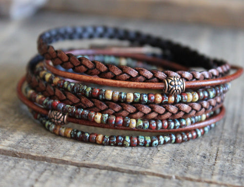 Boho Leather Wrap Bracelet: Miyuki Seed Beads, Magnetic Clasp