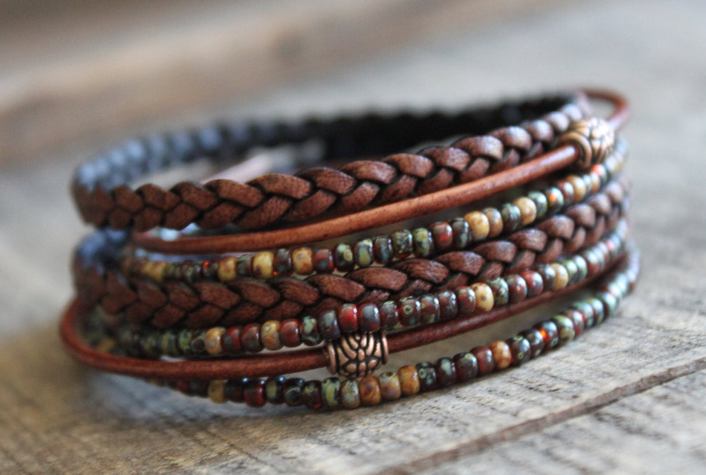 Boho Leather Wrap Bracelet: Miyuki Seed Beads, Magnetic Clasp