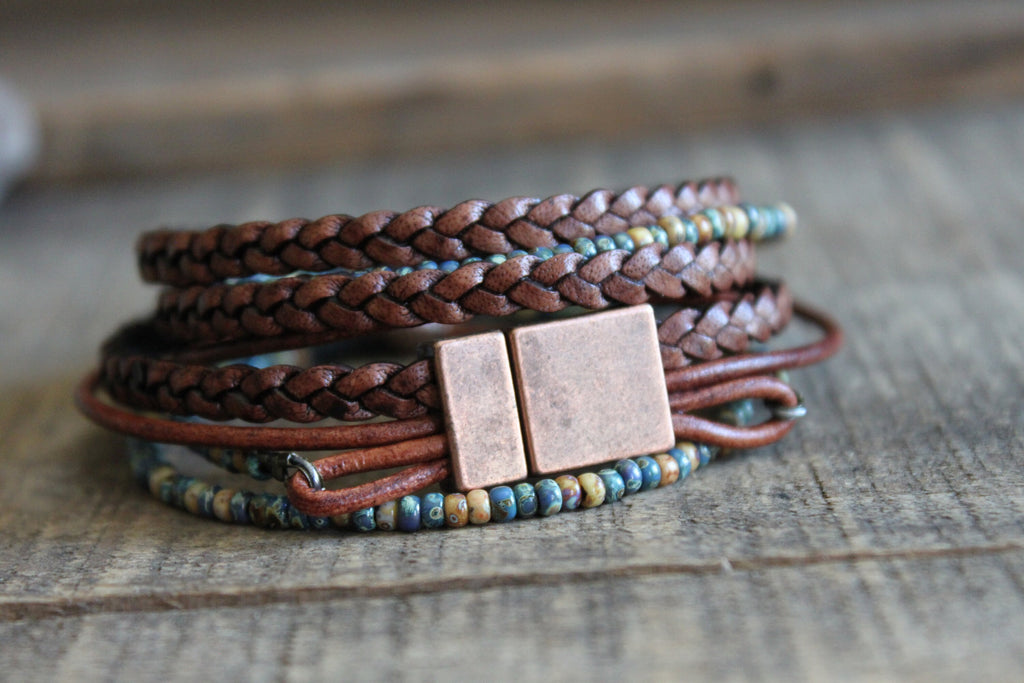 Men's Leather Wrap Bracelet: Boho Beaded Style