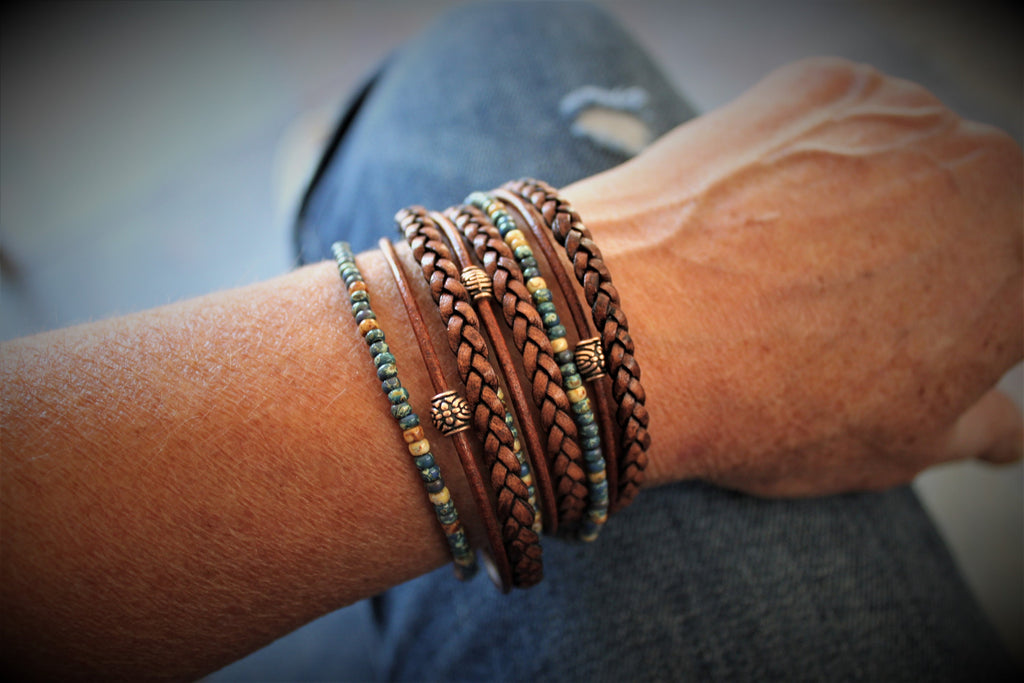 Boho Wrap Bracelet: Miyoki Seed Beads, Braided Leather