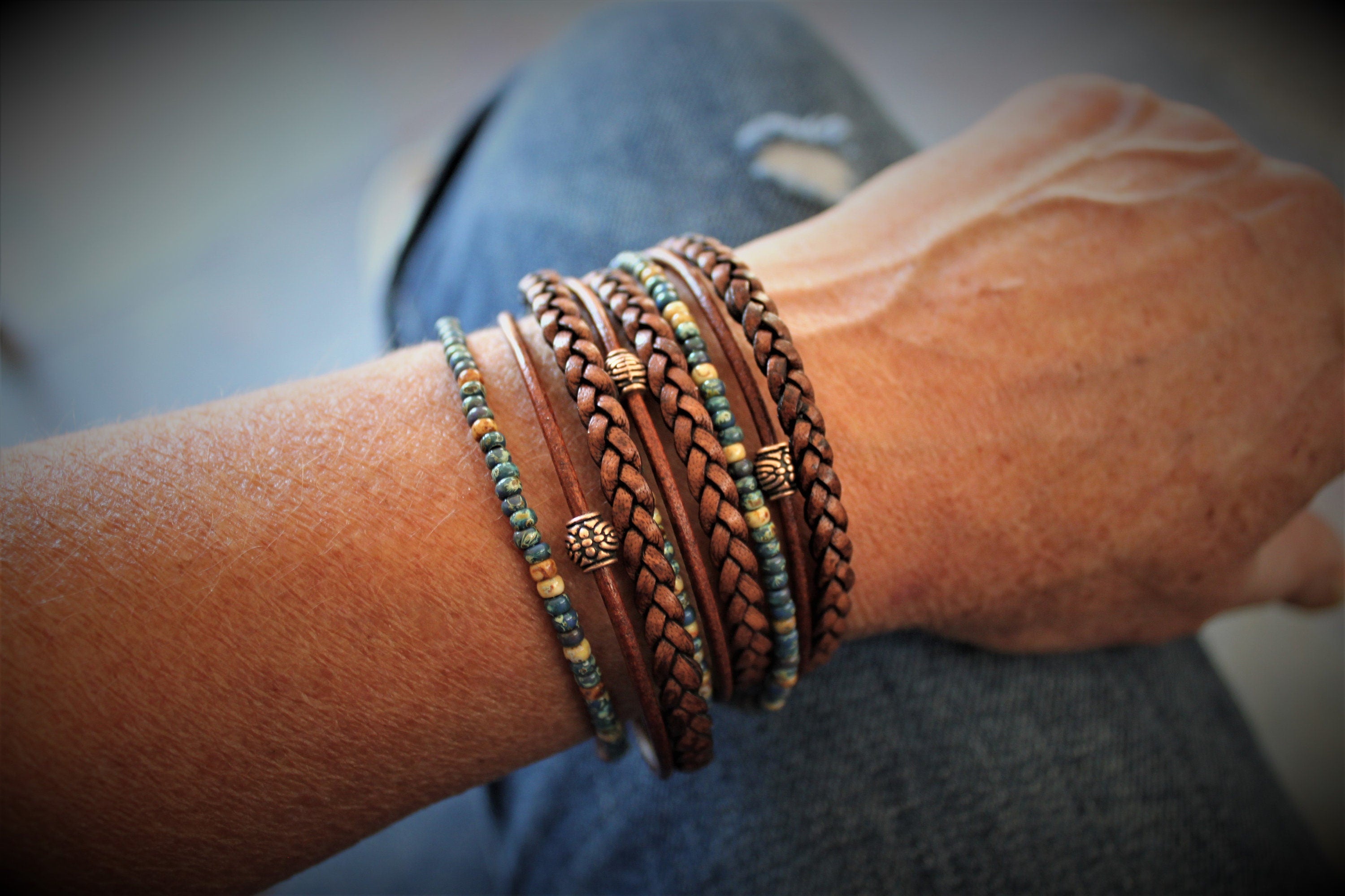 Boho Wrap Bracelet: Miyoki Seed Beads, Braided Leather