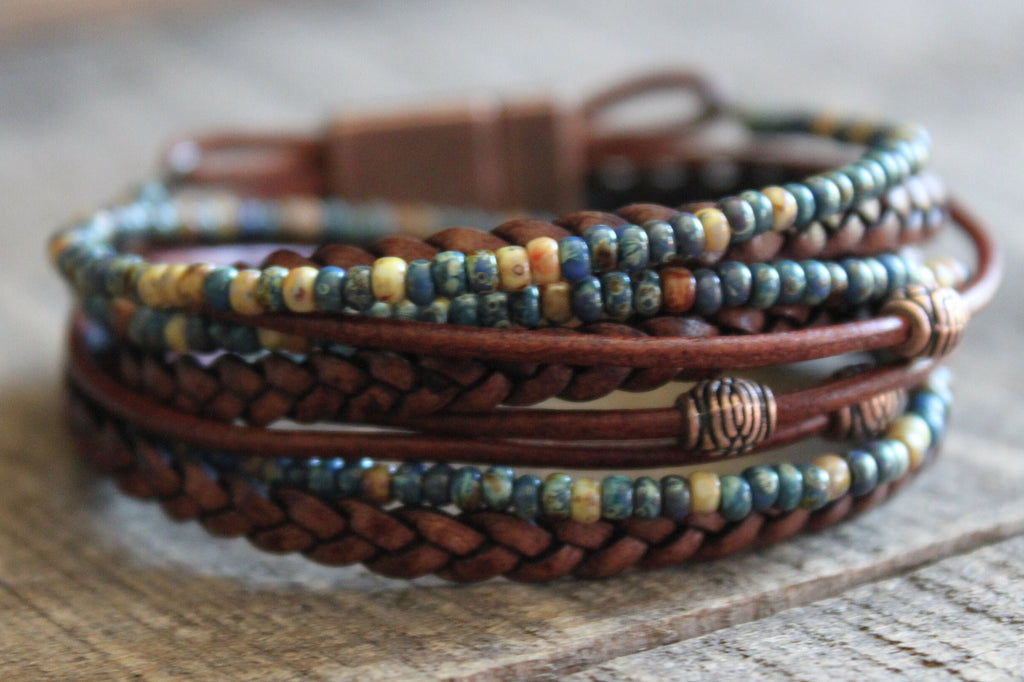 Boho Wrap Bracelet: Miyoki Seed Beads, Braided Leather