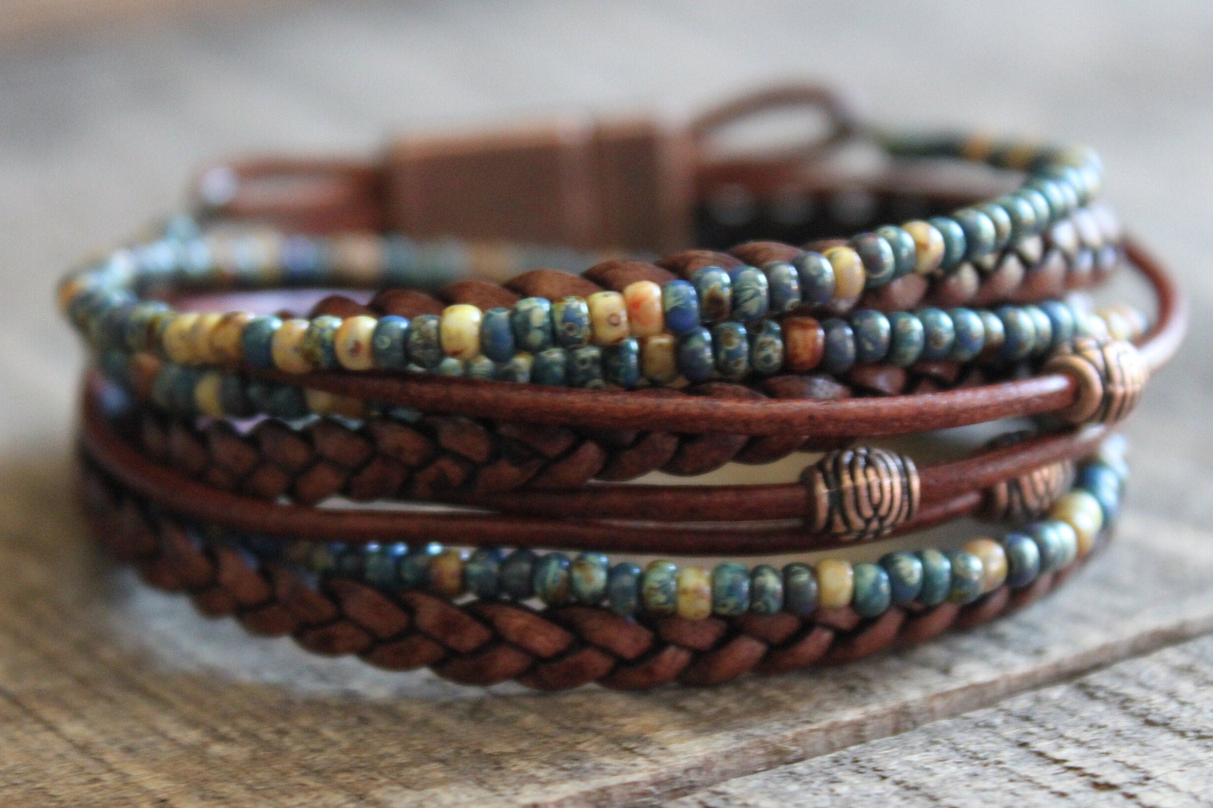 Boho Wrap Bracelet: Miyoki Seed Beads, Braided Leather