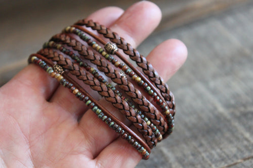 Boho Leather Wrap Bracelet: Braided Napa Leather, Miyoki Seed Beads