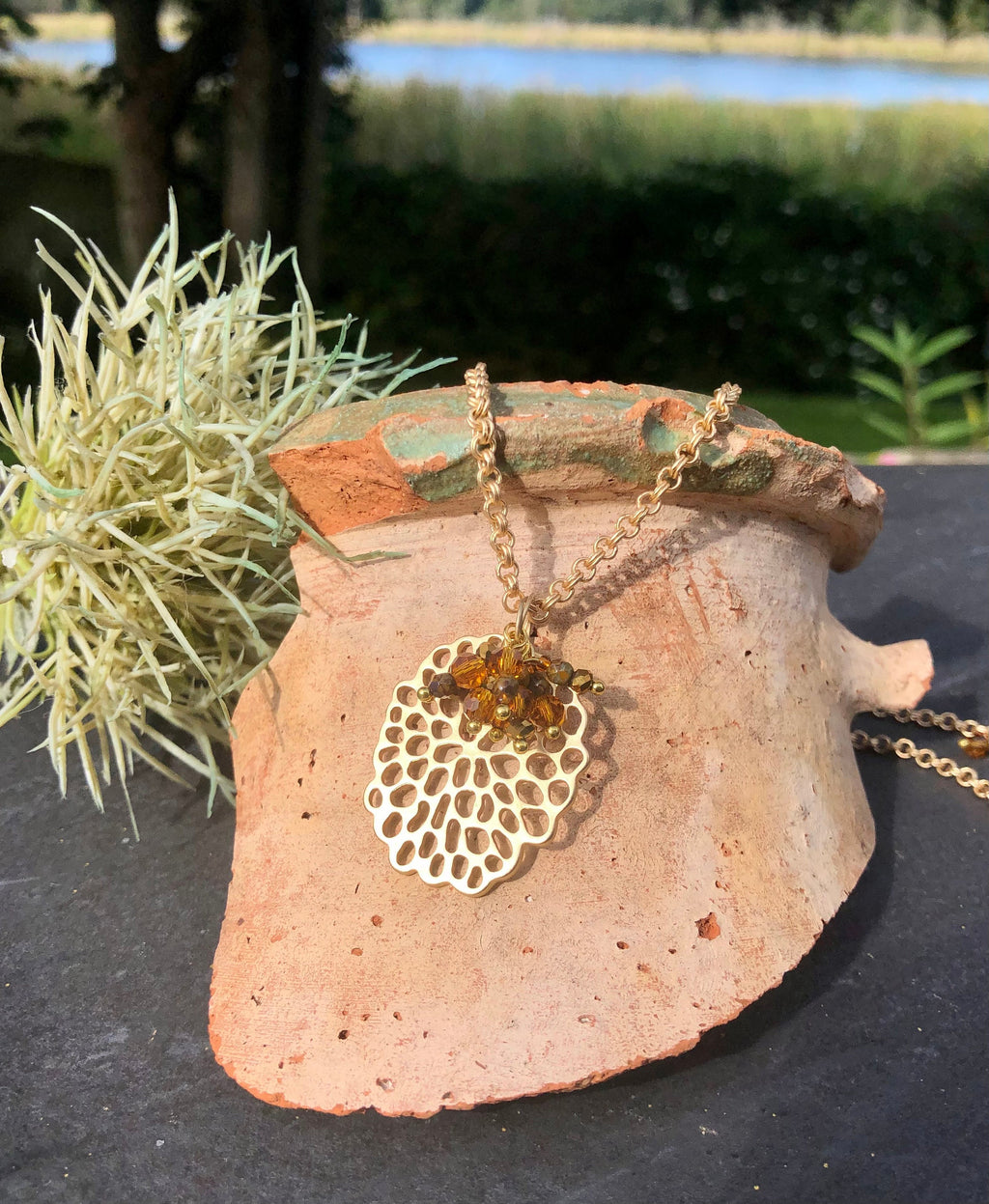 MossberryandStone Golden Amber Cluster Pendant Necklace Double Rollo Chain