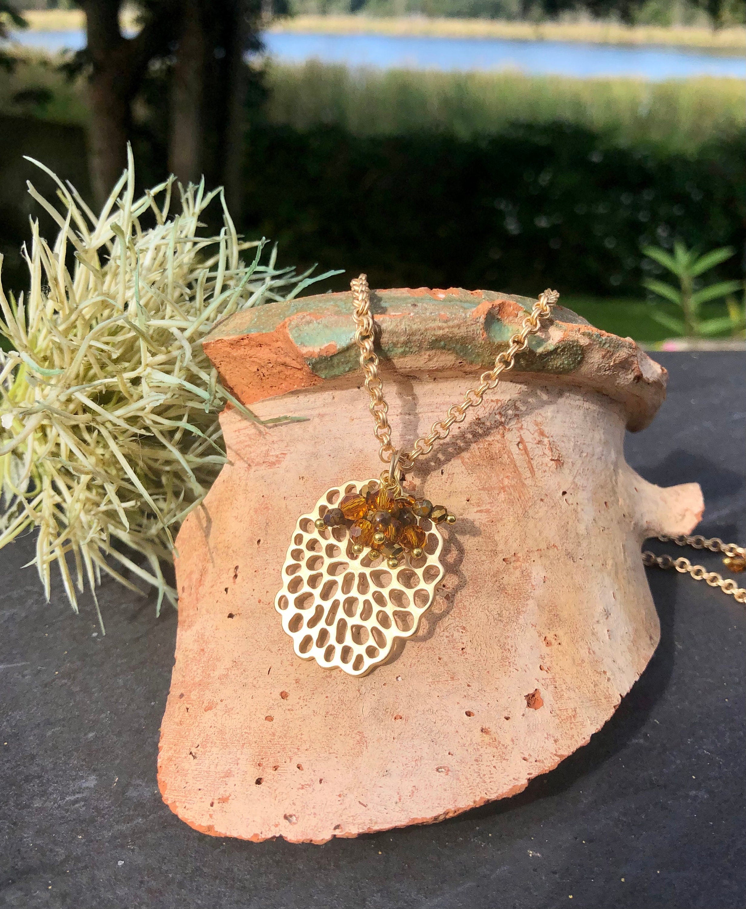 MossberryandStone Golden Amber Cluster Pendant Necklace Double Rollo Chain