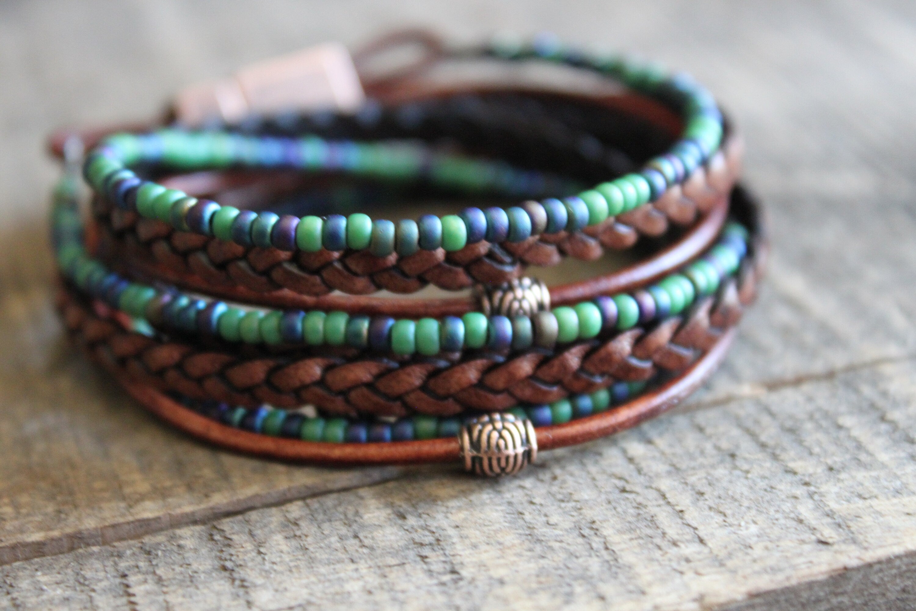 BohoWrapFrancesca Men's Leather Wrap Bracelet: Boho Beaded Style