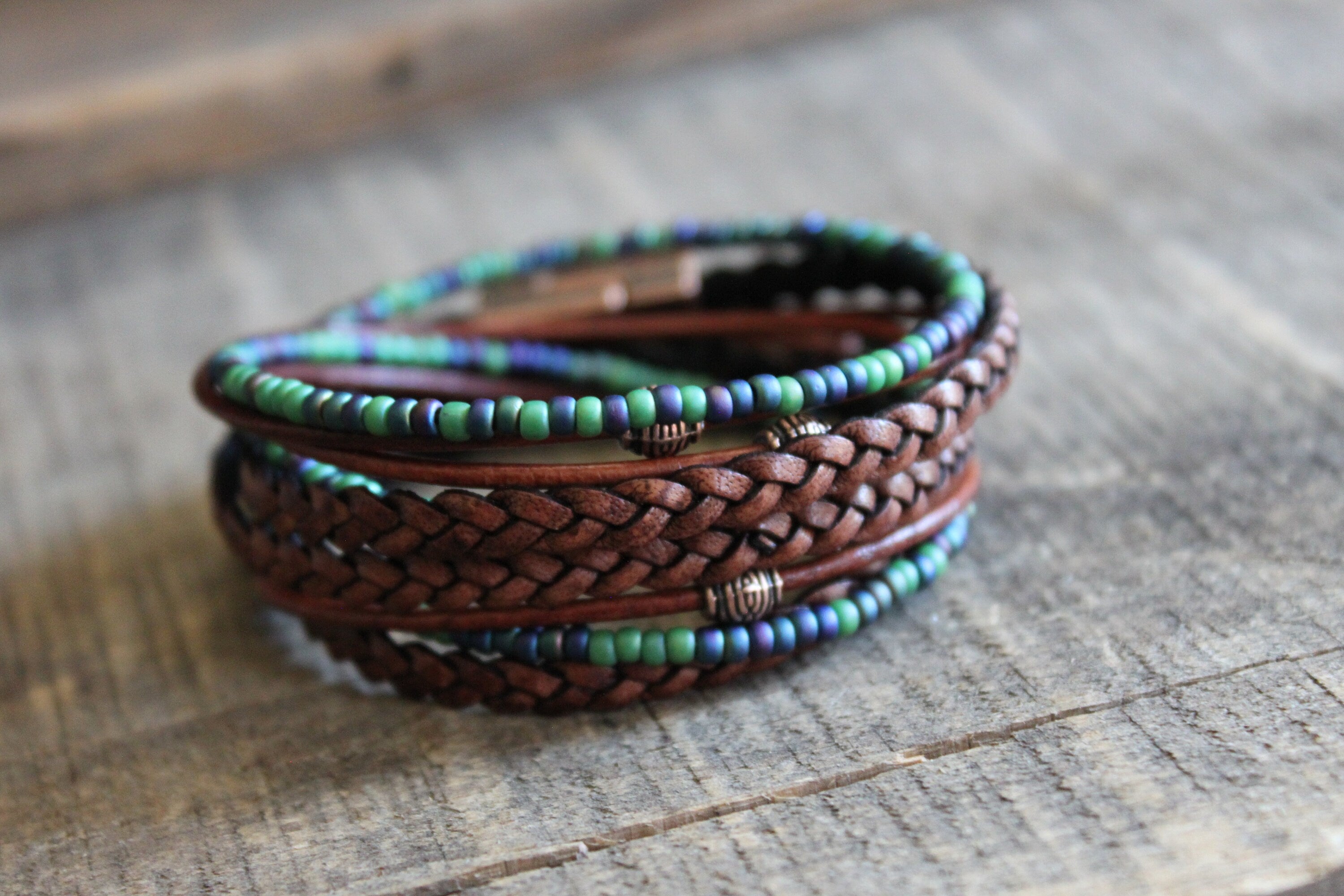 BohoWrapFrancesca Men's Leather Wrap Bracelet: Boho Beaded Style