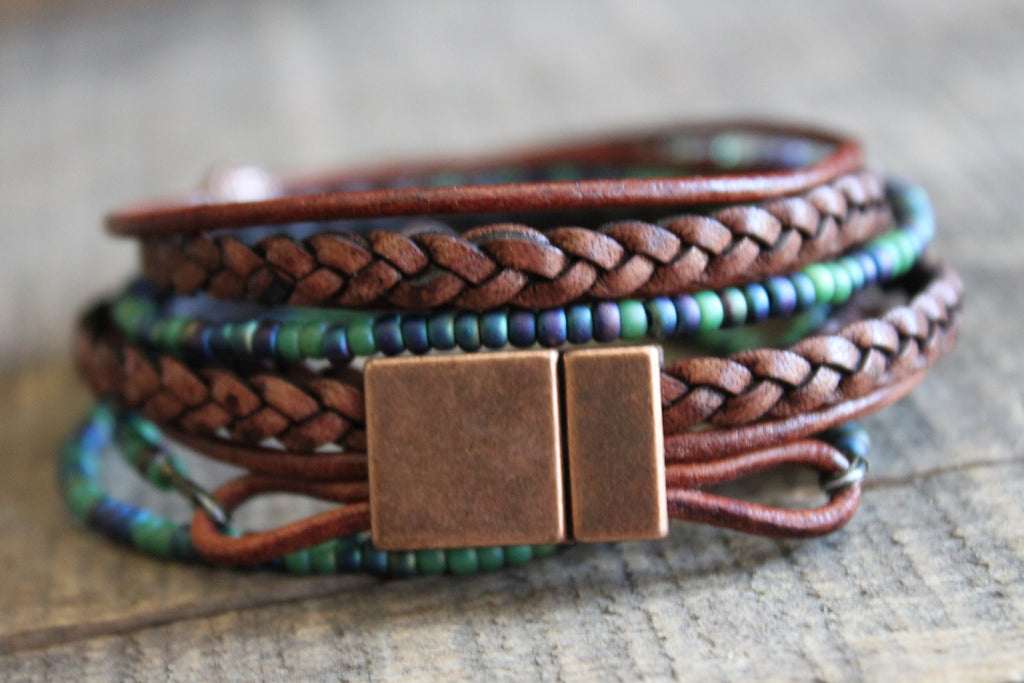 Boho Leather Wrap Bracelet Braided Napa Miyuki Beads