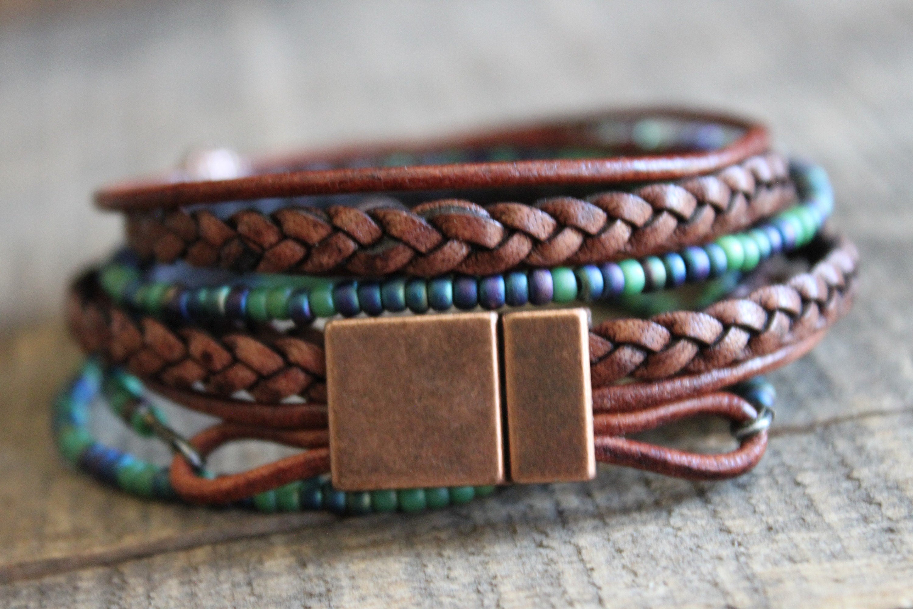 Boho Leather Wrap Bracelet Braided Napa Miyuki Beads