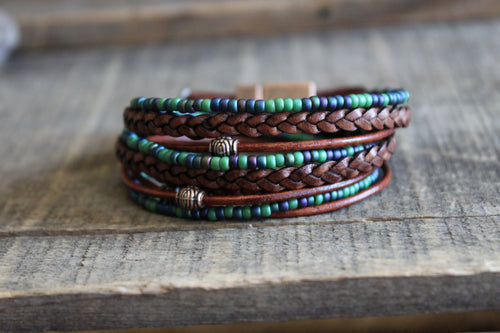 Boho Leather Wrap Bracelet Braided Napa Miyuki Beads