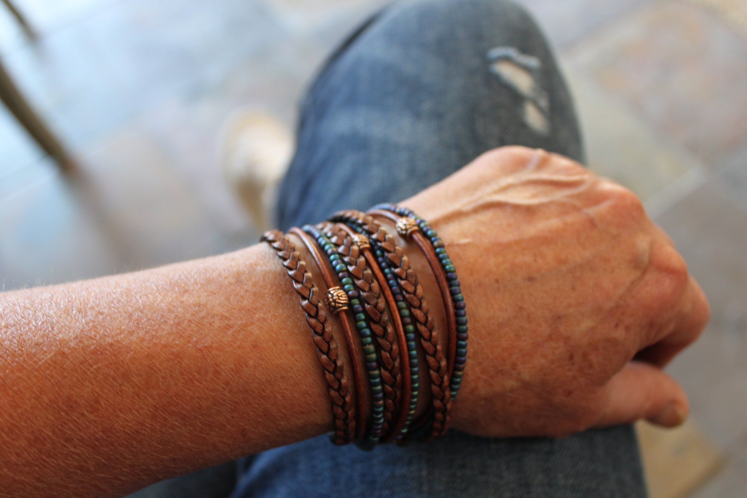 Boho Leather Wrap Bracelet Braided Napa Miyuki Beads