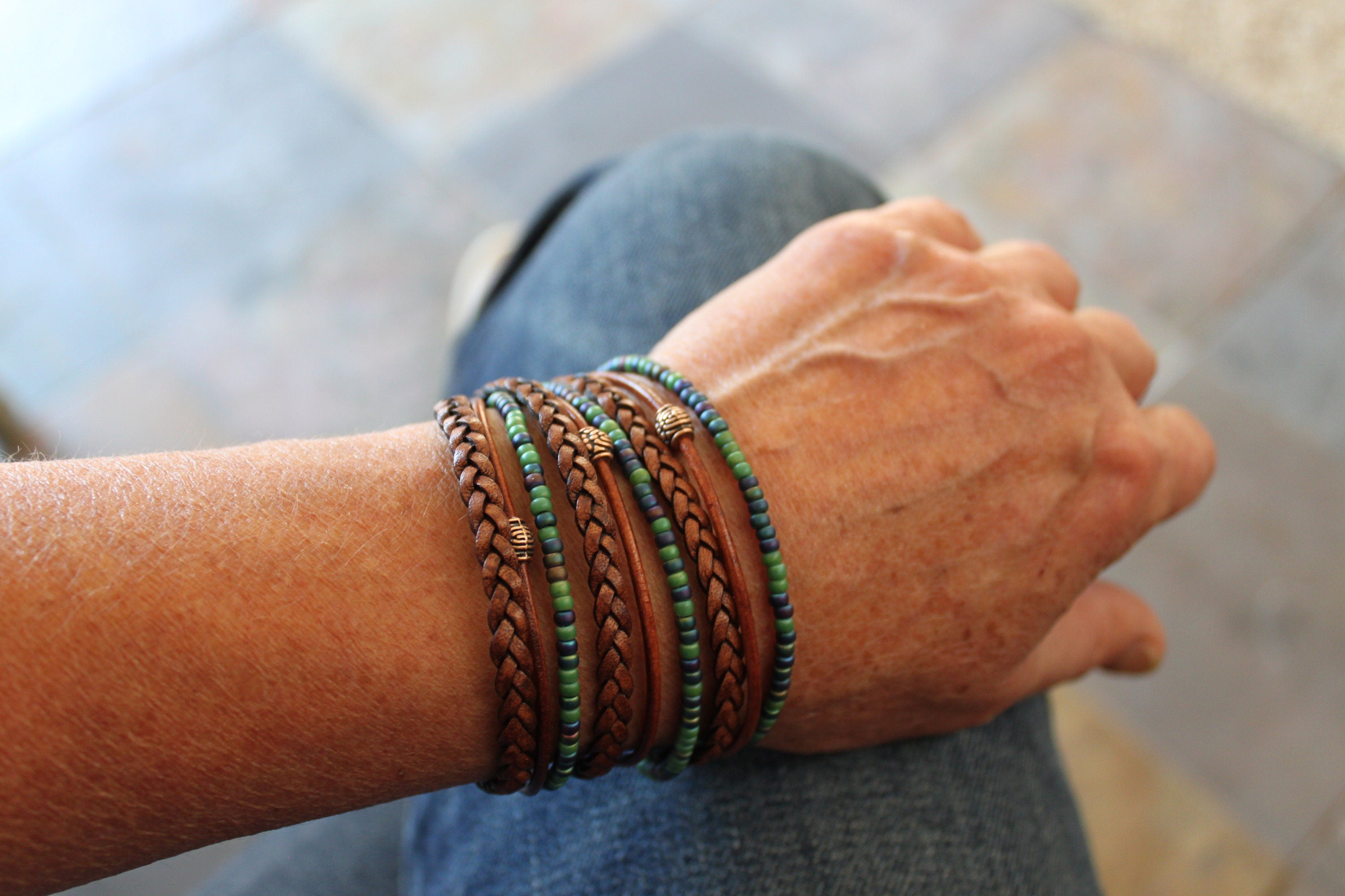 Boho Leather Wrap Bracelet Braided Napa Miyuki Beads