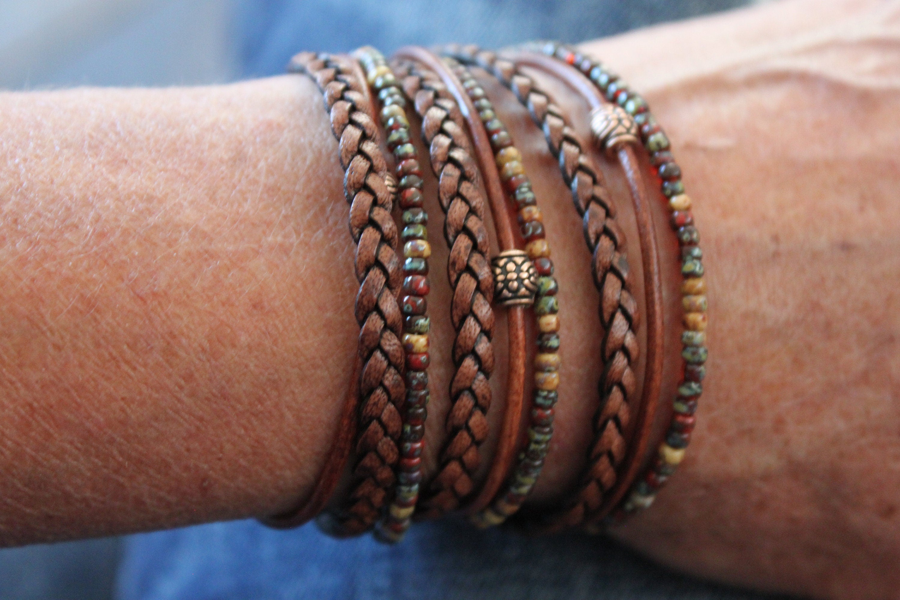 BohoWrapFrancesca Leather Wrap Bracelet Braided Napa Leather Miyuki Beads