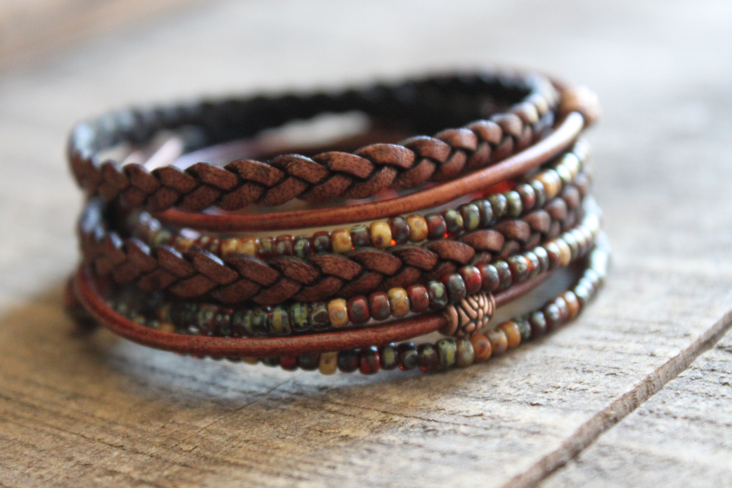BohoWrapFrancesca Leather Wrap Bracelet Braided Napa Leather Miyuki Beads