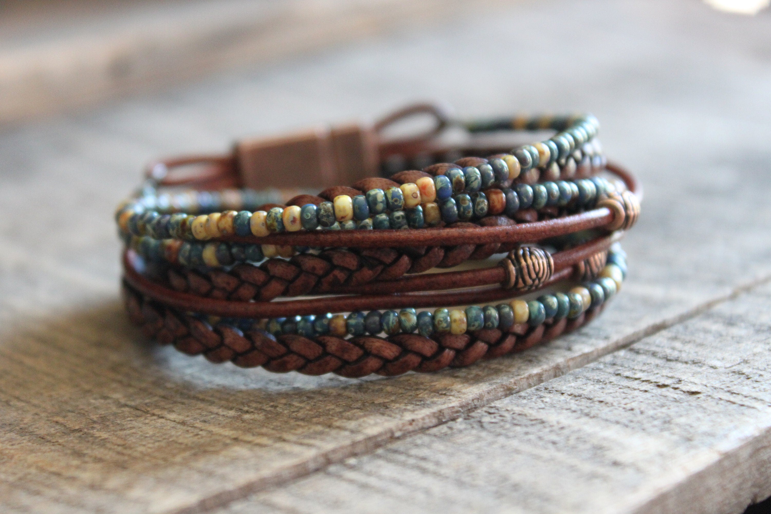 Men's Leather Wrap Bracelet: Boho Beaded Style