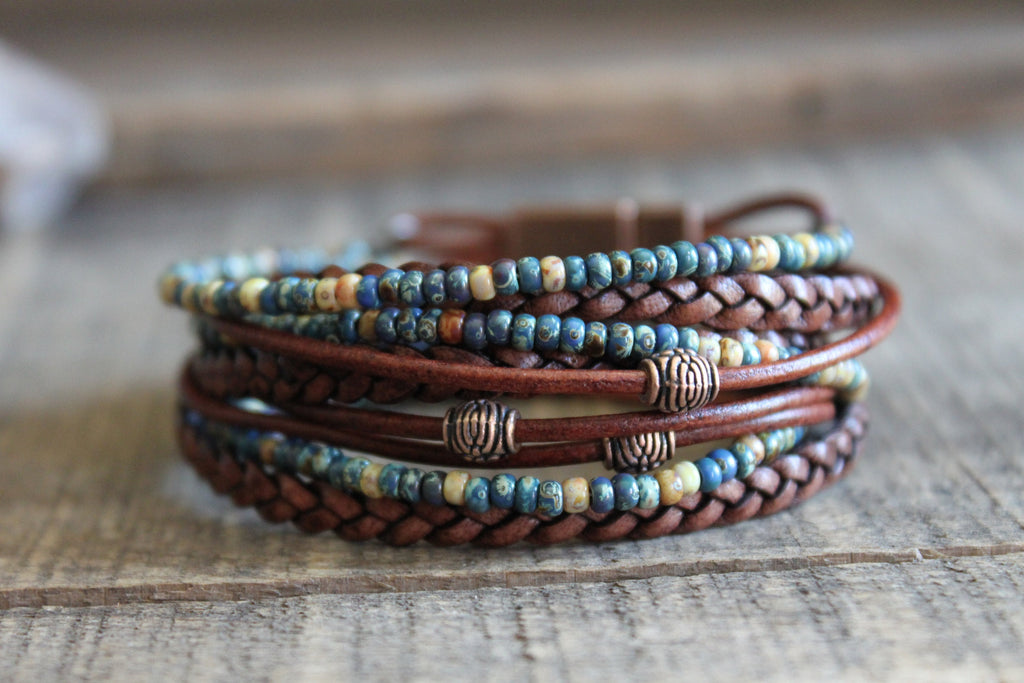 Men's Leather Wrap Bracelet: Boho Beaded Style