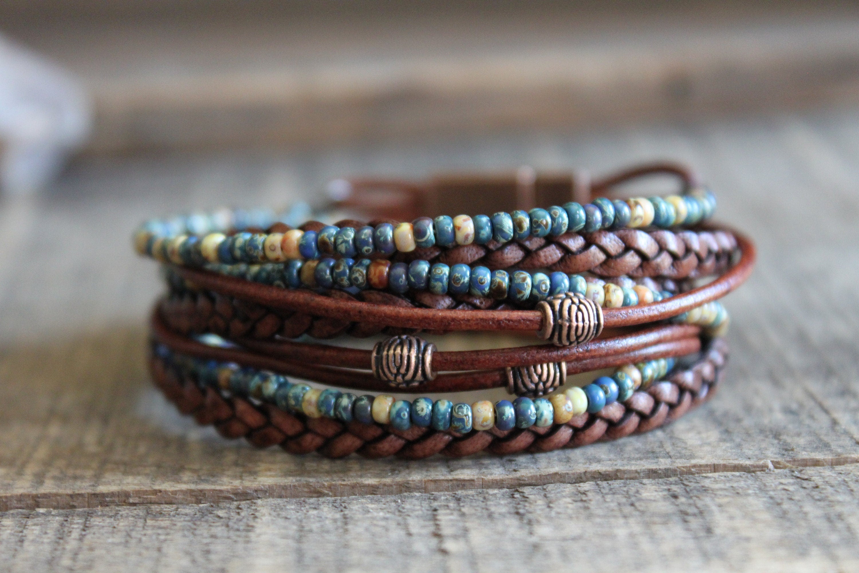 Men's Leather Wrap Bracelet: Boho Beaded Style