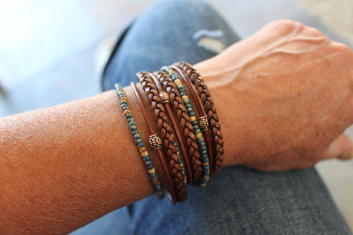 Boho Wrap Bracelet: Miyoki Seed Beads, Braided Leather