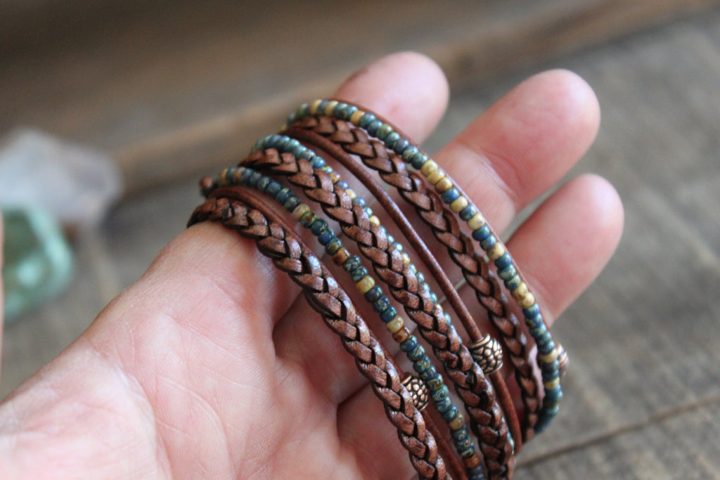 Boho Wrap Bracelet: Miyoki Seed Beads, Braided Leather