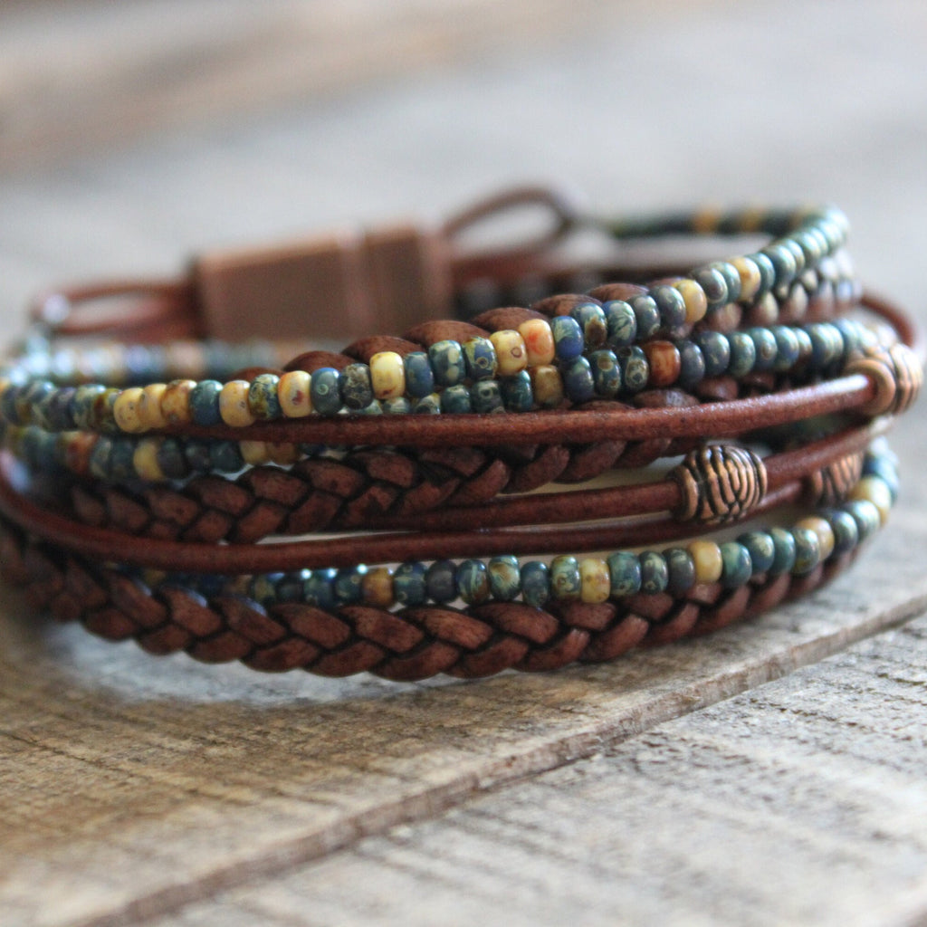Boho Wrap Bracelet: Miyoki Seed Beads, Braided Leather