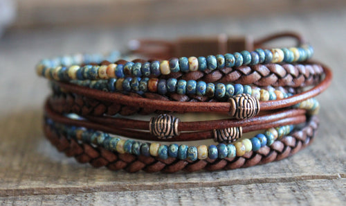 Boho Wrap Bracelet: Miyoki Seed Beads, Braided Leather