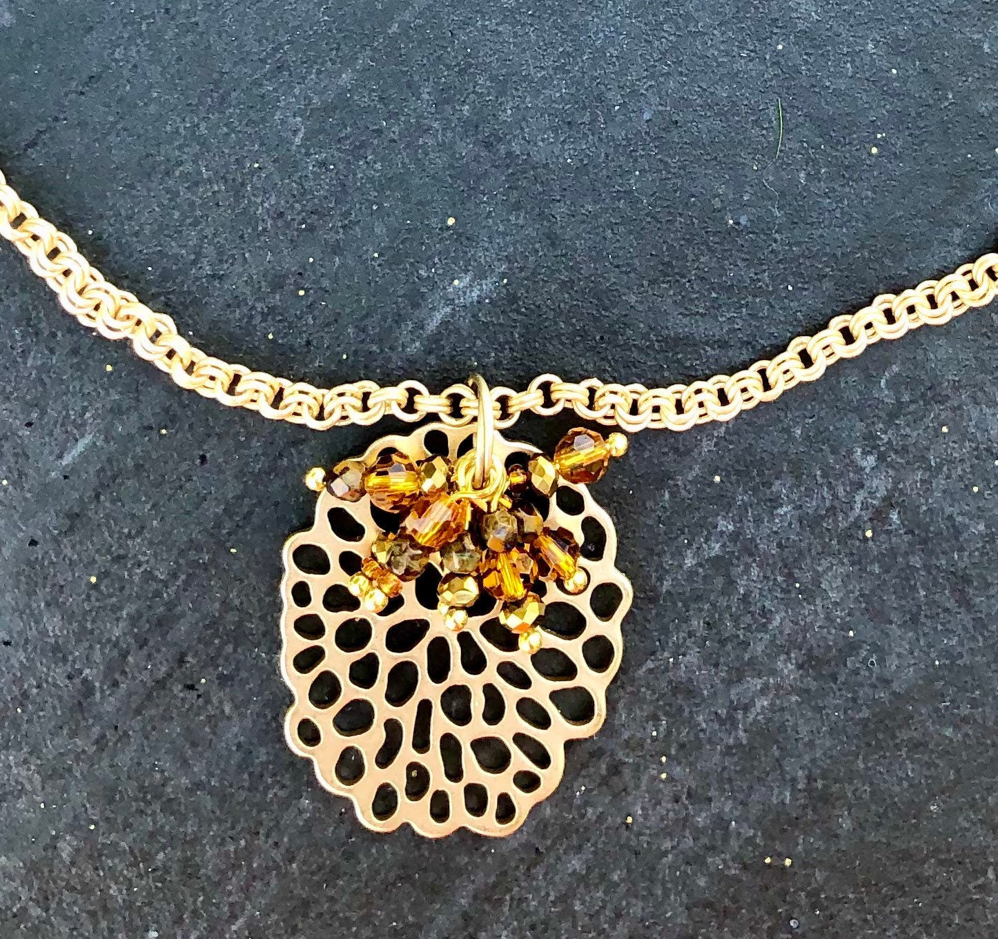 MossberryandStone Golden Amber Cluster Pendant Necklace Double Rollo Chain