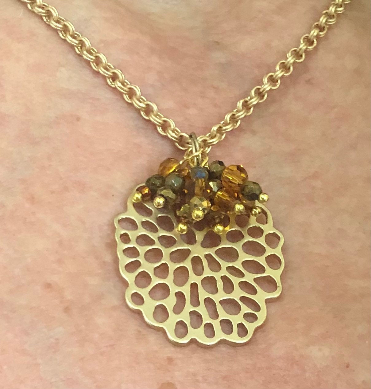 MossberryandStone Golden Amber Cluster Pendant Necklace Double Rollo Chain