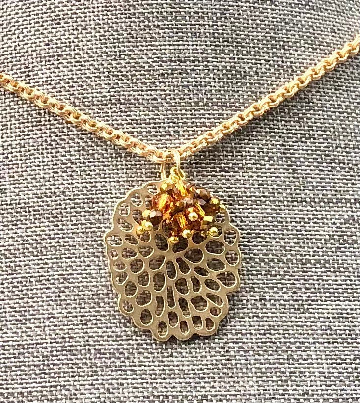 MossberryandStone Golden Amber Cluster Pendant Necklace Double Rollo Chain