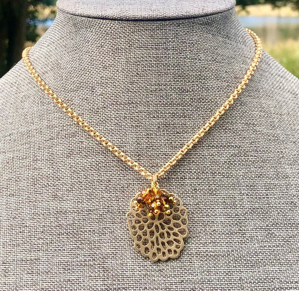 MossberryandStone Golden Amber Cluster Pendant Necklace Double Rollo Chain