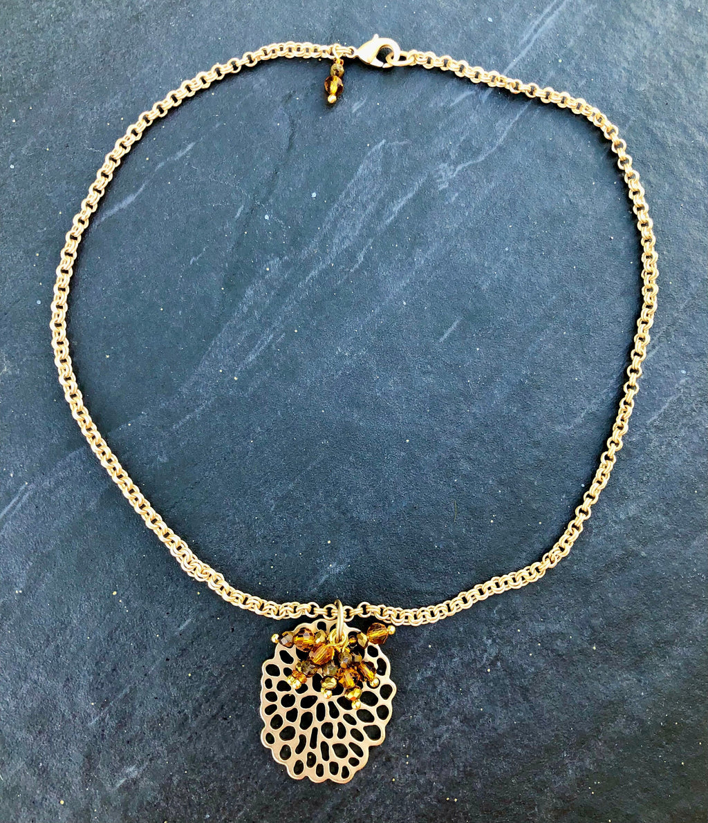 MossberryandStone Golden Amber Cluster Pendant Necklace Double Rollo Chain