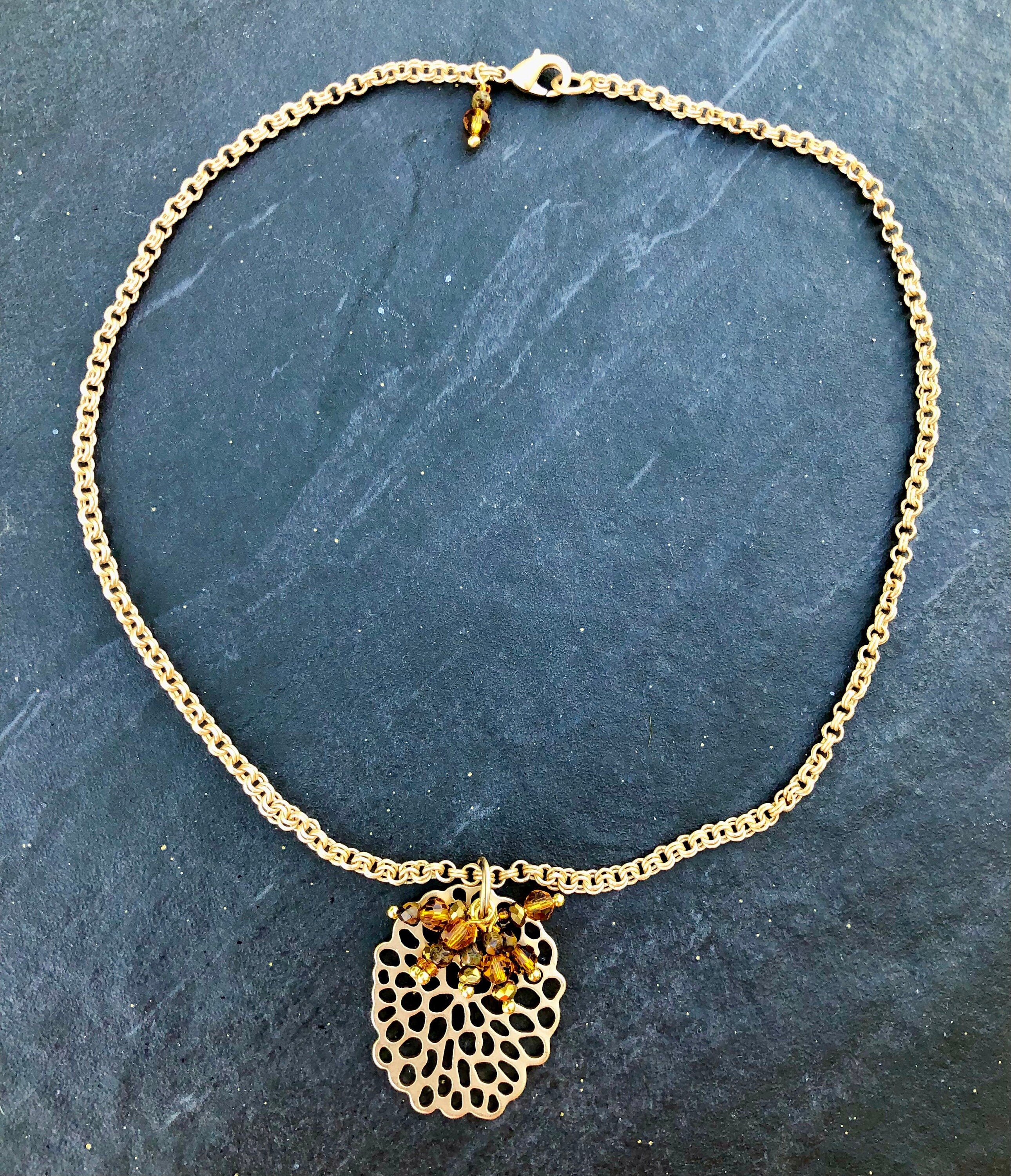 MossberryandStone Golden Amber Cluster Pendant Necklace Double Rollo Chain
