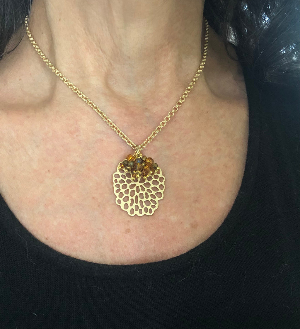 MossberryandStone Golden Amber Cluster Pendant Necklace Double Rollo Chain