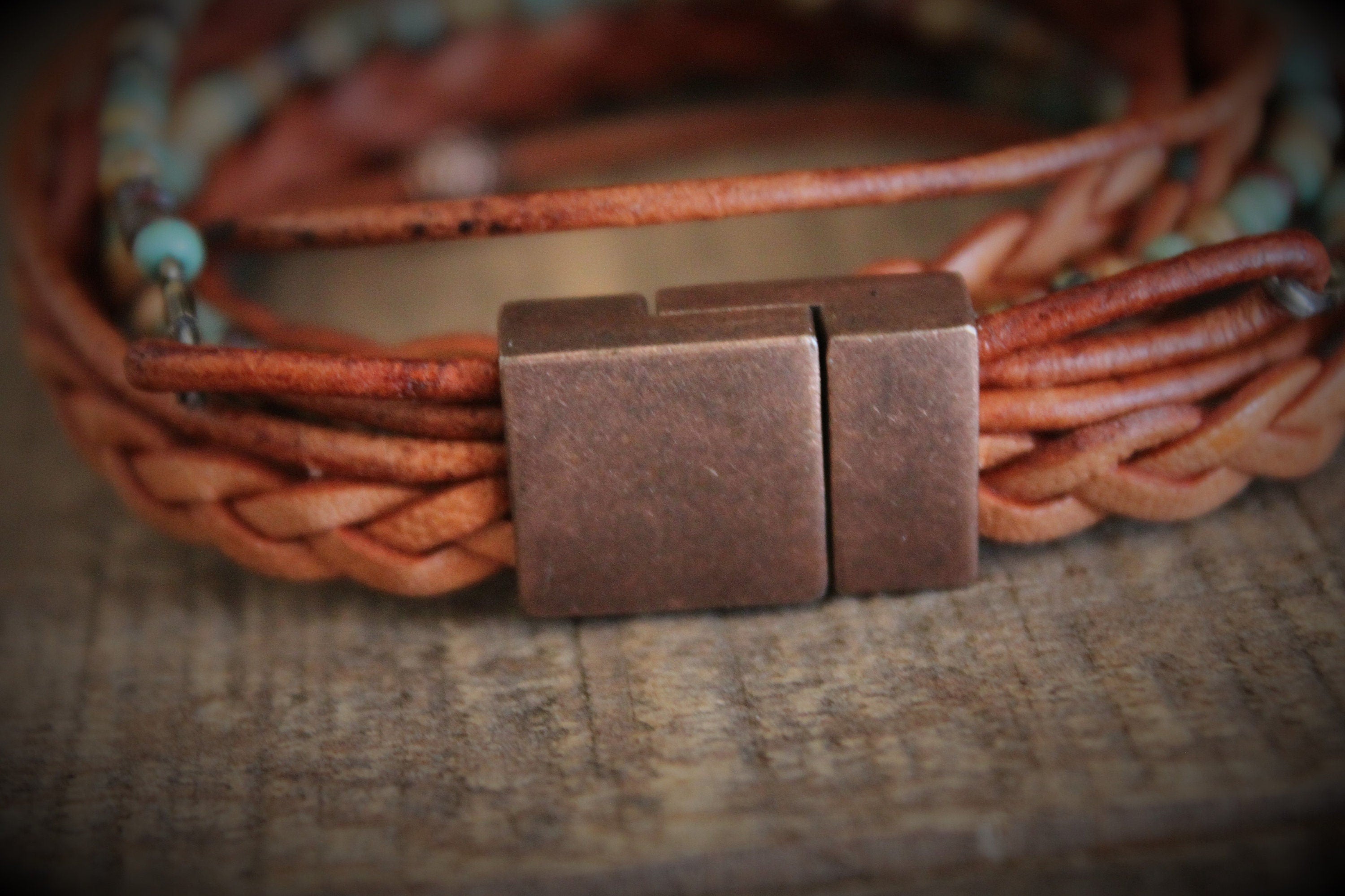Men's Boho Leather Wrap Bracelet: Braided Copper Beaded Style