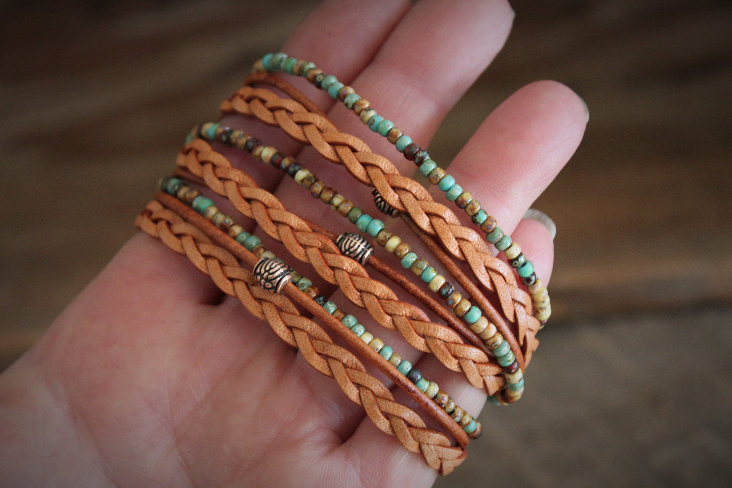Men's Boho Leather Wrap Bracelet: Braided Copper Beaded Style