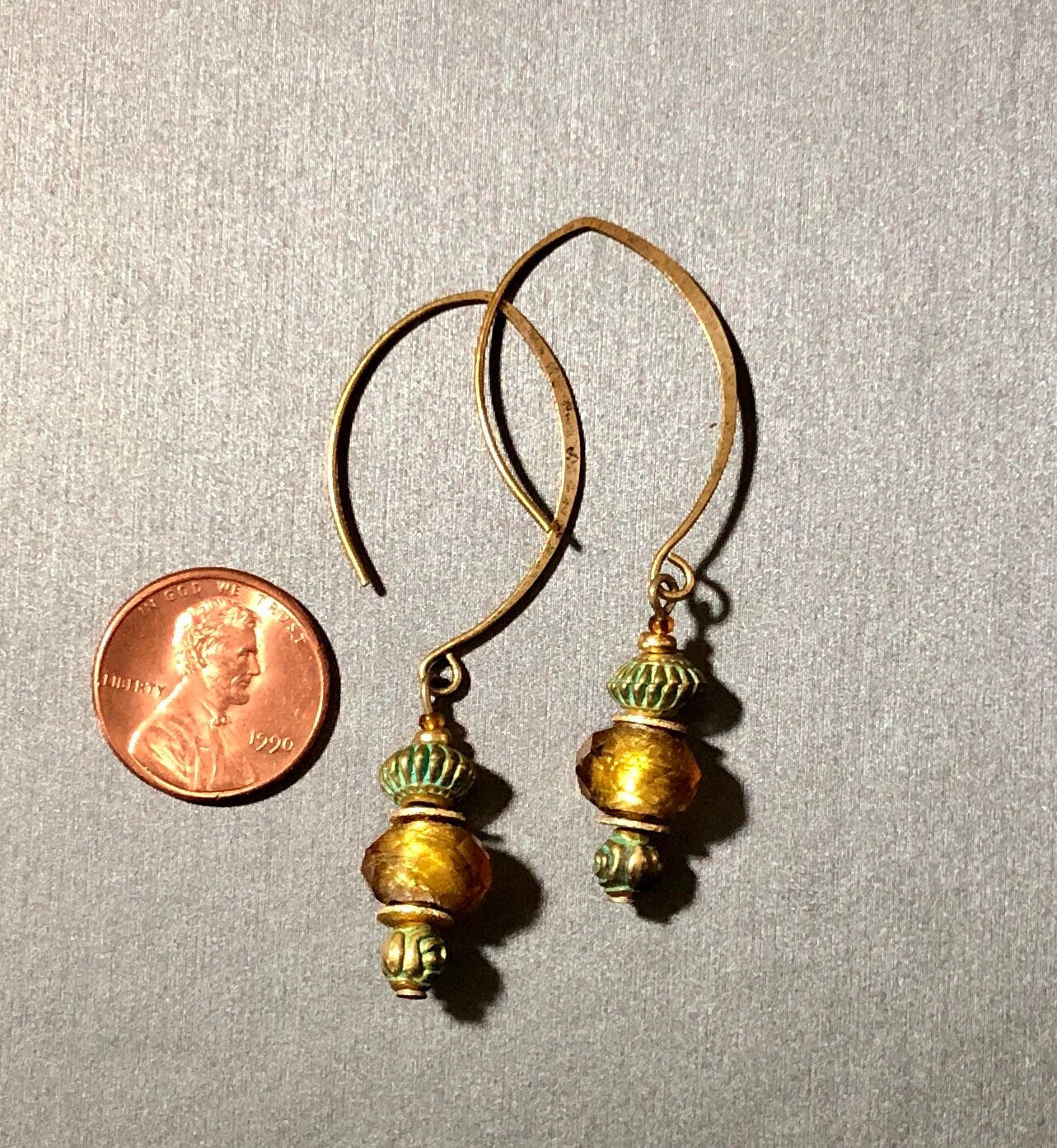 MossberryandStone Aztec Sunset Gold Dangle Earrings with Verdigris Glass