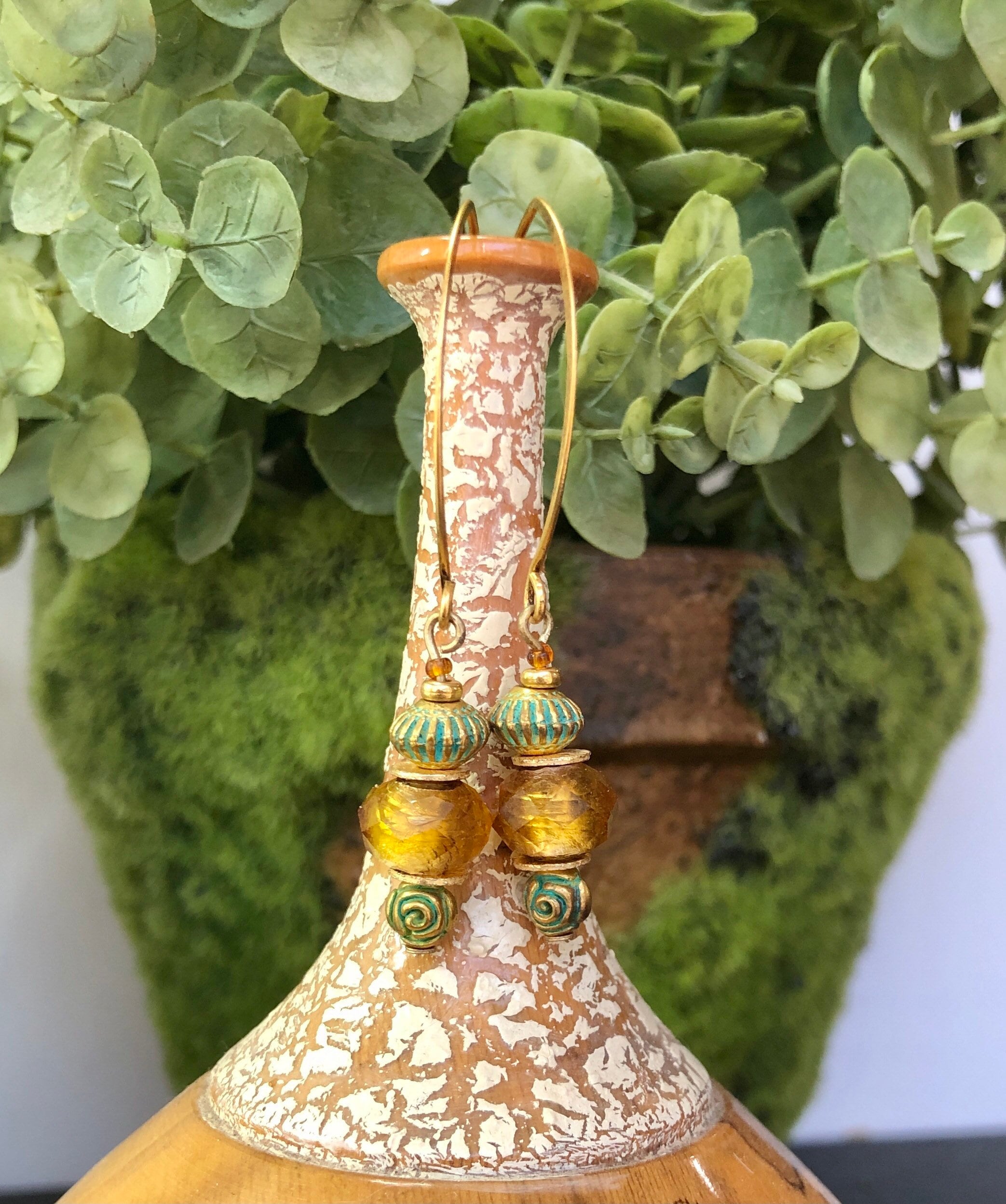MossberryandStone Aztec Sunset Gold Dangle Earrings with Verdigris Glass