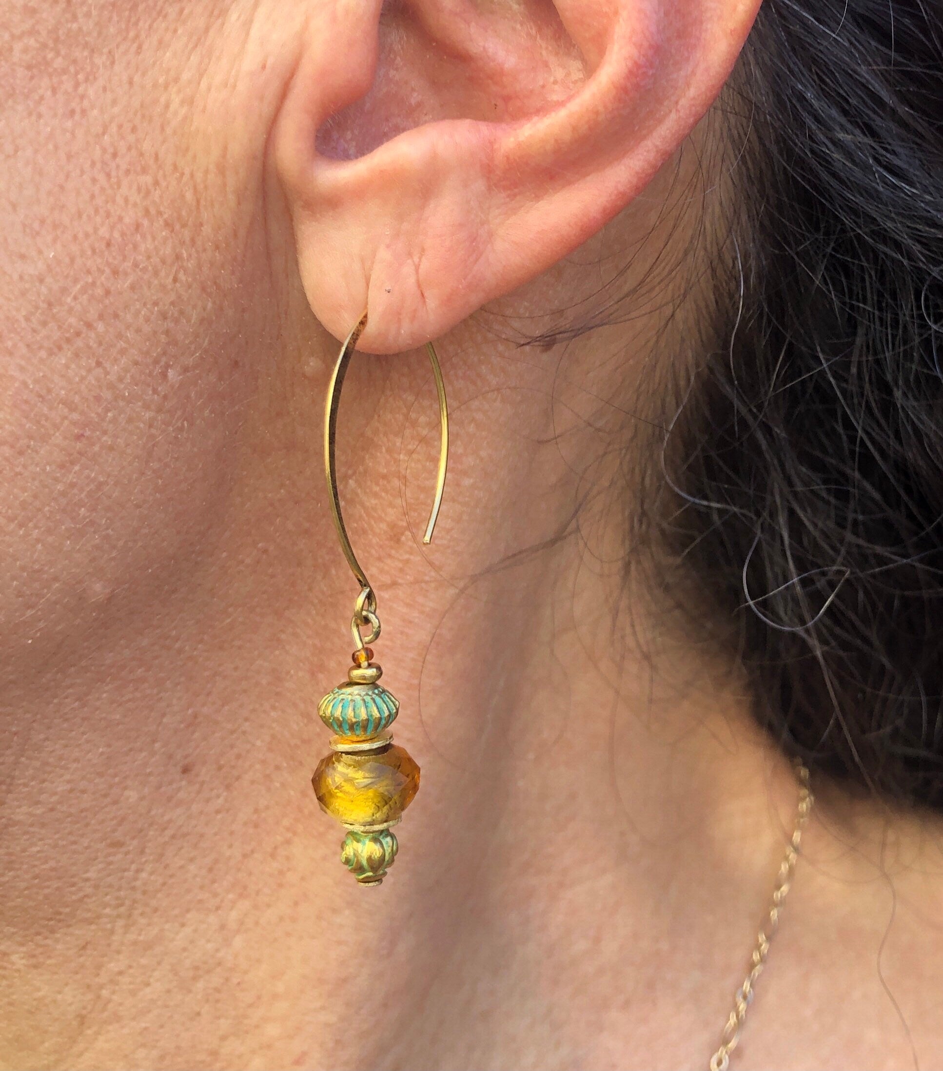 MossberryandStone Aztec Sunset Gold Dangle Earrings with Verdigris Glass