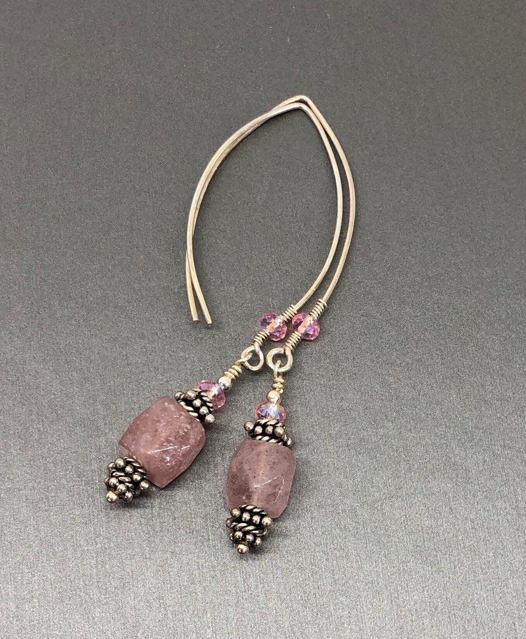 MossberryandStone Pink Strawberry Quartz Sterling Silver Dangle Earrings Beaded