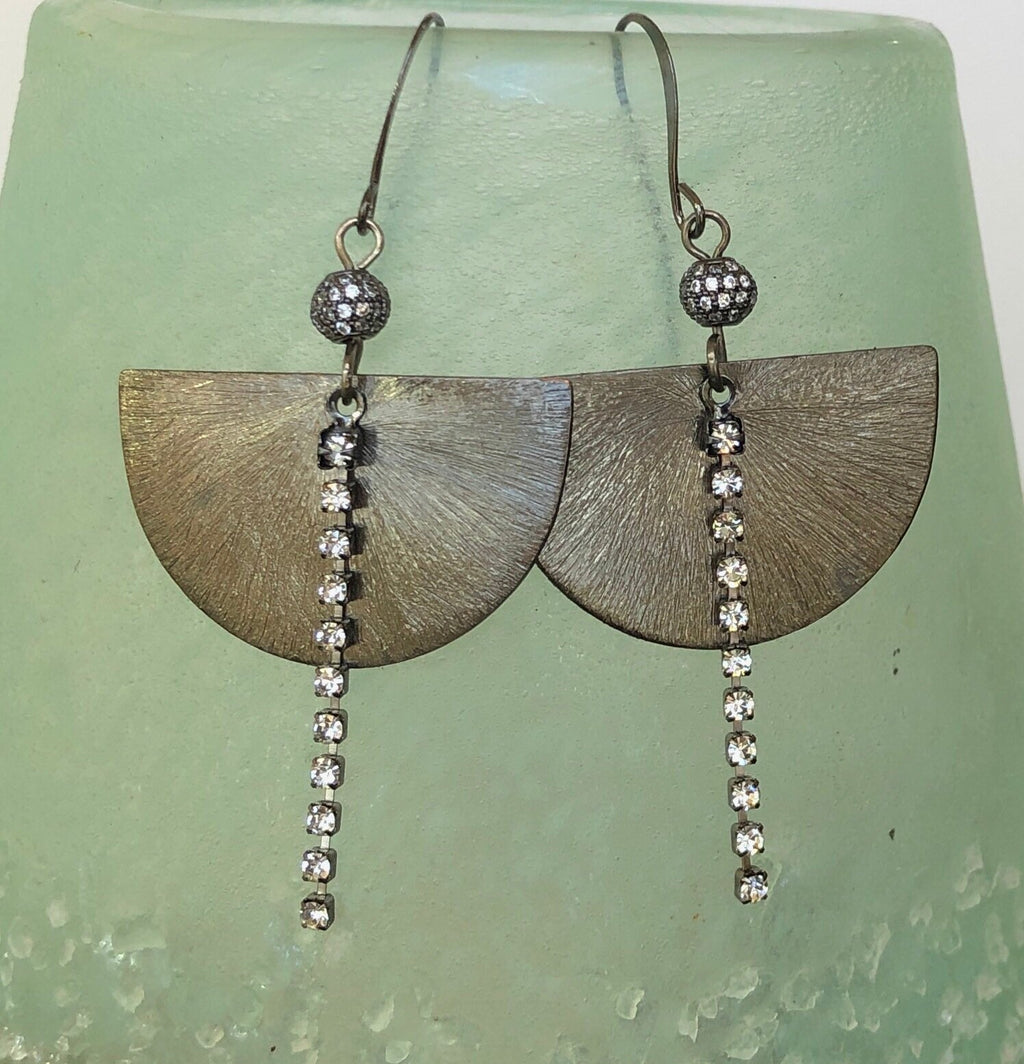 MossberryandStone Half Moon Gunmetal Sparkle Earrings CZ Crystal