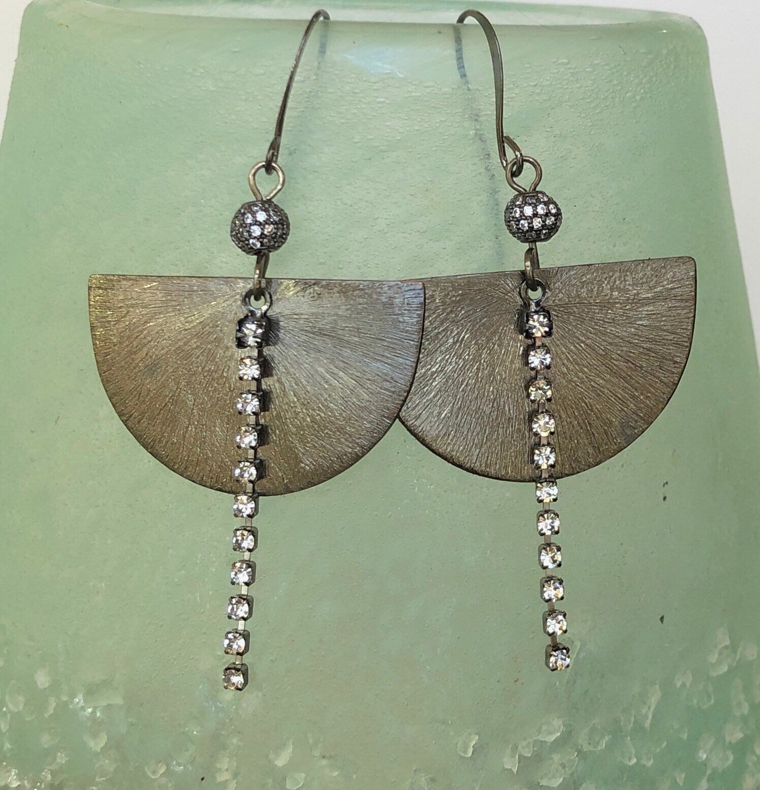 MossberryandStone Half Moon Gunmetal Sparkle Earrings CZ Crystal