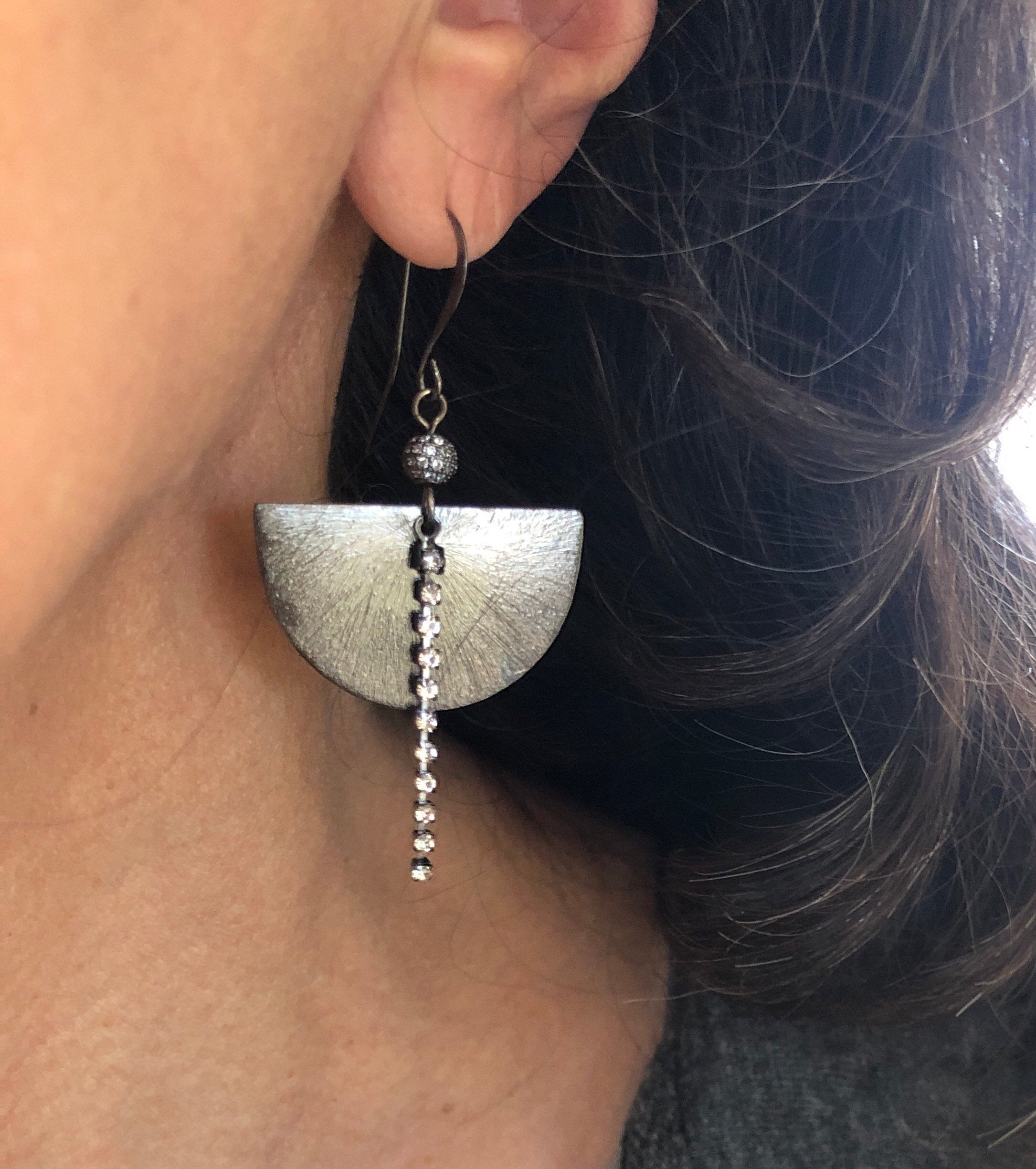 MossberryandStone Half Moon Gunmetal Sparkle Earrings CZ Crystal