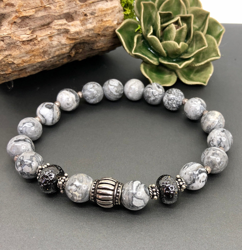 MossberryandStone Sterling Silver and Picasso Jasper Beaded Bracelet Gray