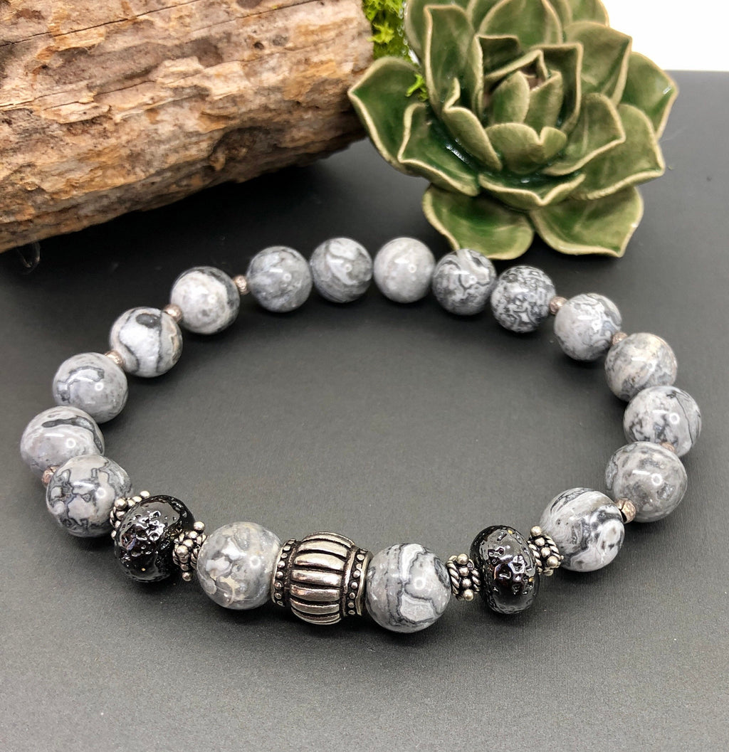 MossberryandStone Sterling Picasso Jasper Beaded Bracelet Unisex Gray