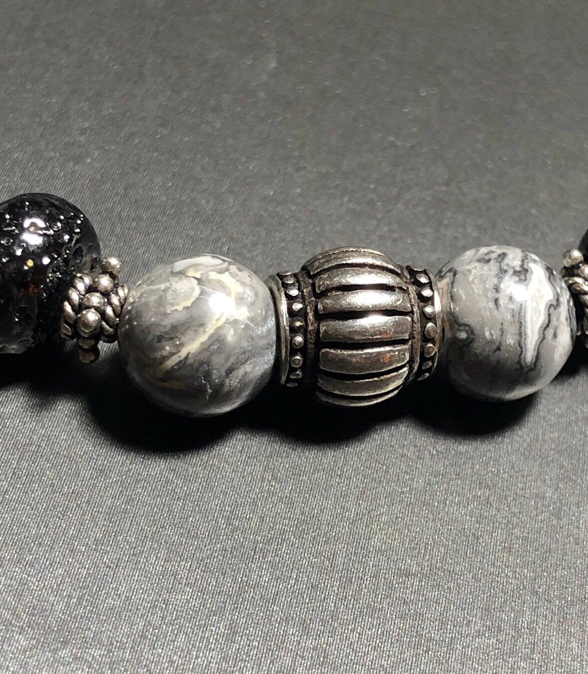 MossberryandStone Sterling Silver and Picasso Jasper Beaded Bracelet Gray