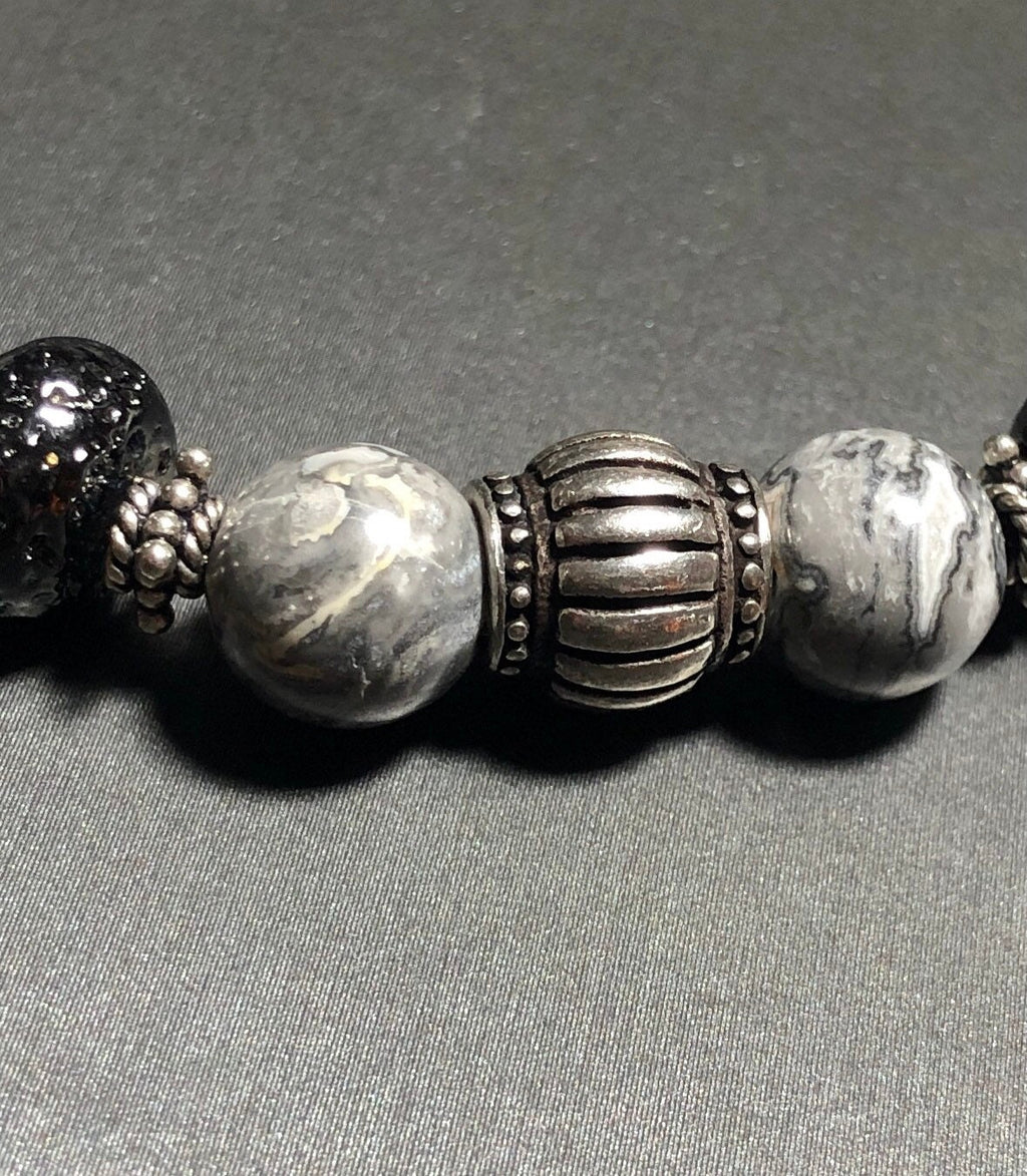 MossberryandStone Sterling Picasso Jasper Beaded Bracelet Unisex Gray